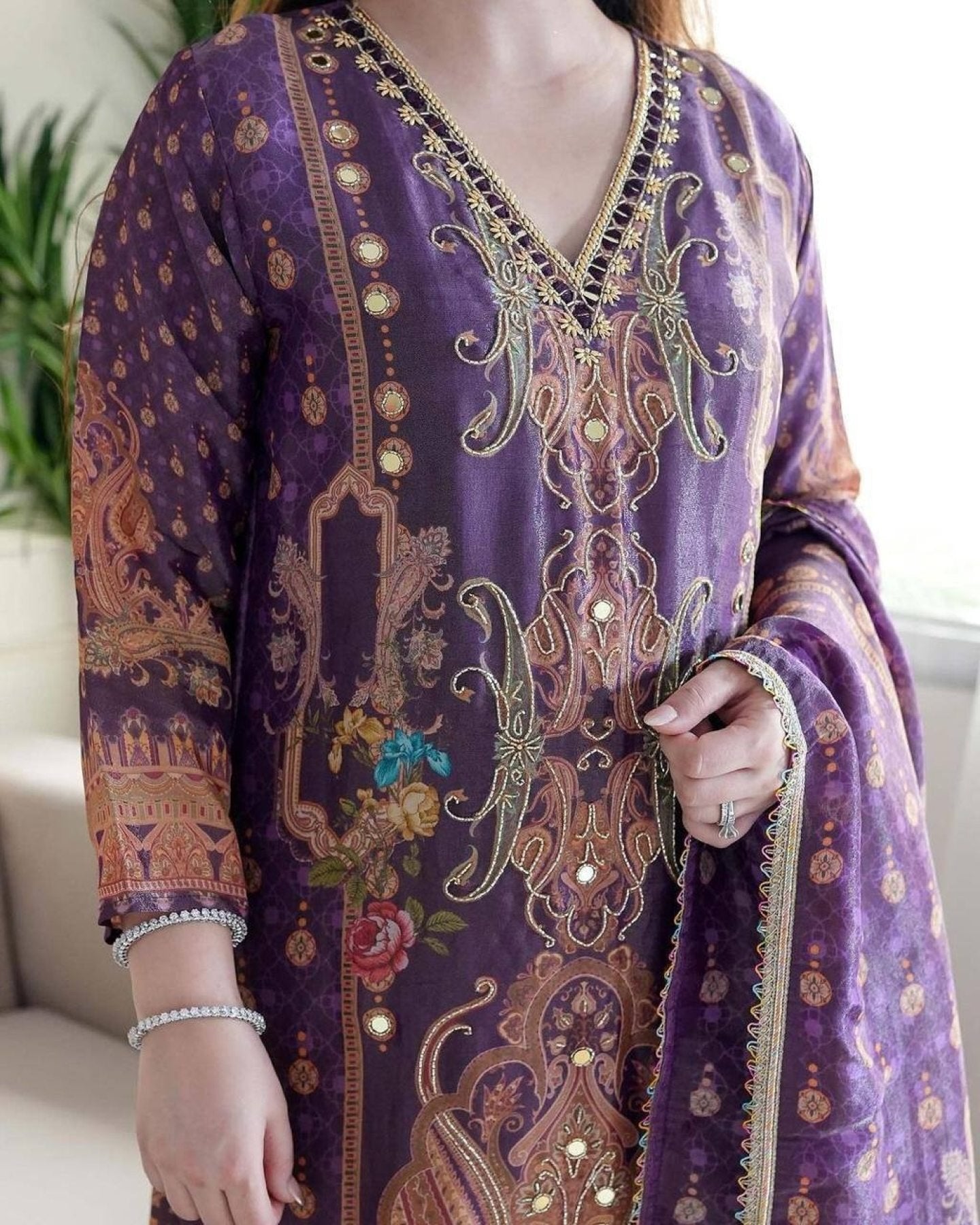 Satin Fabric with print & work and with Dupatta Plus Size Kurti set detailed view