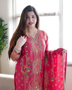Satin Fabric with print & work and with Dupatta Plus Size Kurti set front view