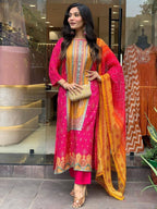 Multicoloured Bandhani print with Stone work and Dupatta Plus Size for women | Snyvia