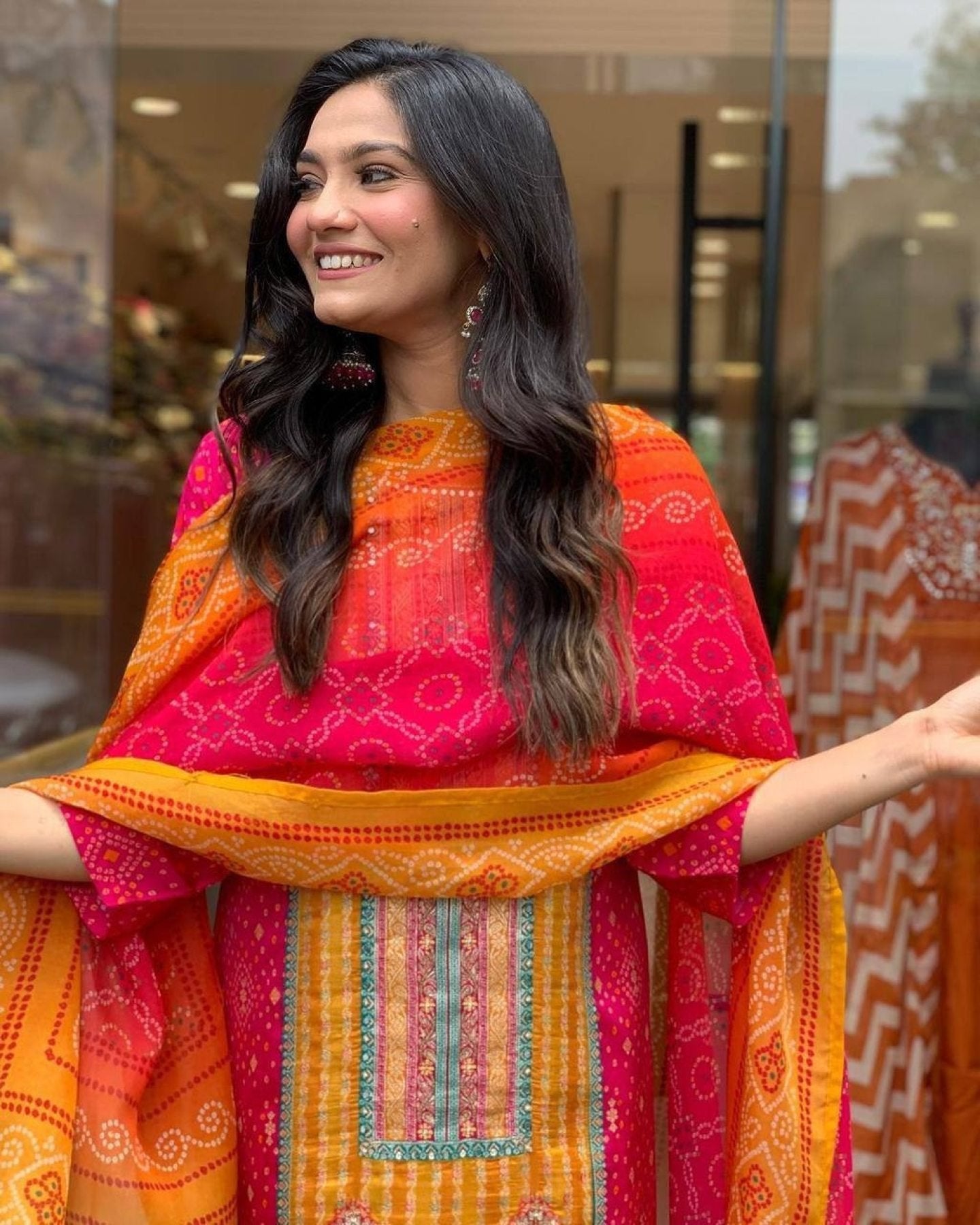 Multicoloured Bandhani print with Stone work and Dupatta Plus Size full set view