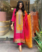 Multicoloured Bandhani print with Stone work and Dupatta Plus Size detailed view