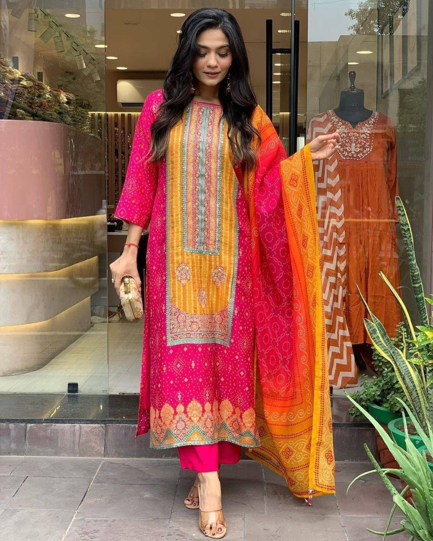 Multicoloured Bandhani print with Stone work and Dupatta Plus Size detailed view