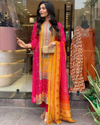 Multicoloured Bandhani print with Stone work and Dupatta Plus Size embroidery close-up