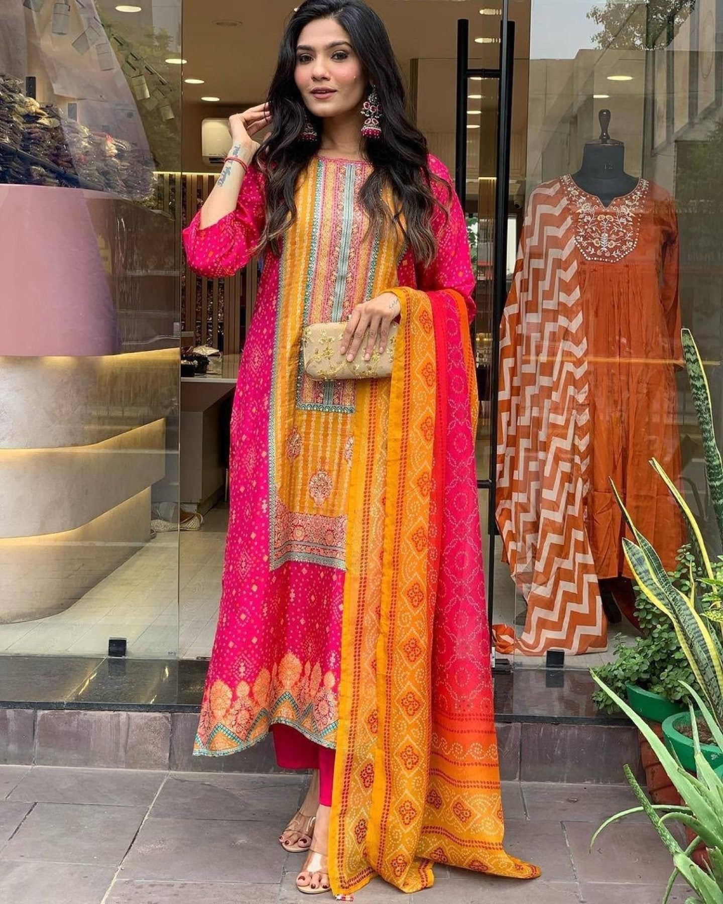Multicoloured Bandhani print with Stone work and Dupatta Plus Size fabric texture detail