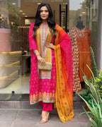 Multicoloured Bandhani print with Stone work and Dupatta Plus Size back view