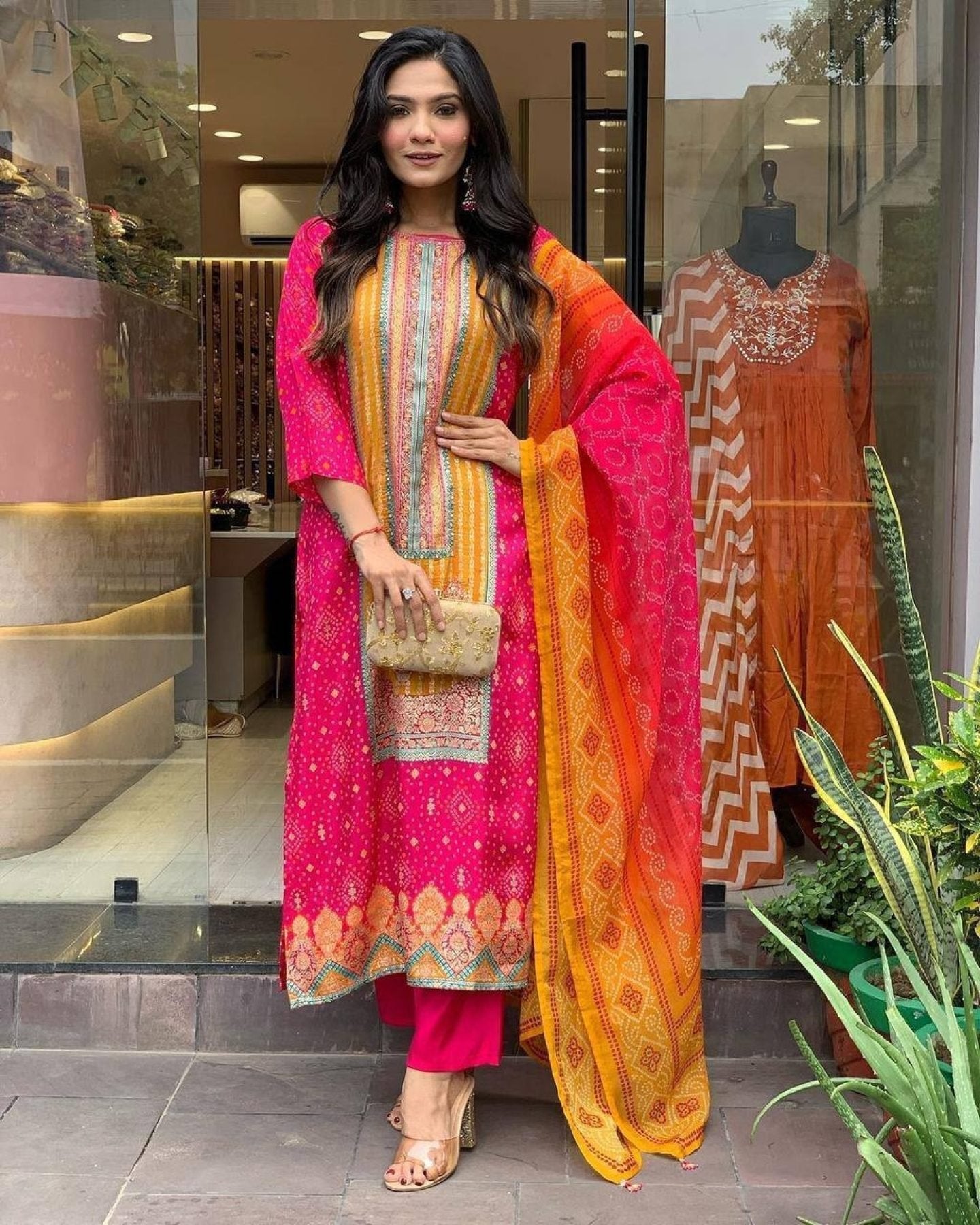 Multicoloured Bandhani print with Stone work and Dupatta Plus Size back view