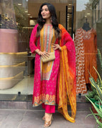 Multicoloured Bandhani print with Stone work and Dupatta Plus Size detailed view