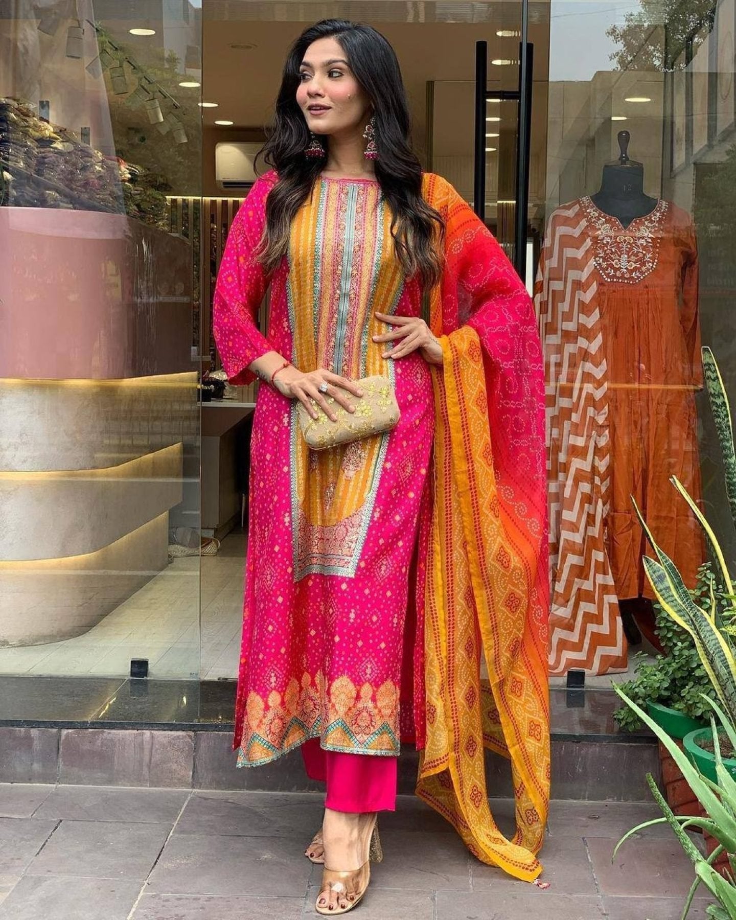 Multicoloured Bandhani print with Stone work and Dupatta Plus Size detailed view
