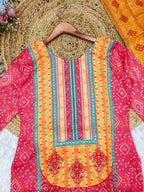 Multicoloured Bandhani print with Stone work and Dupatta Plus Size full set view