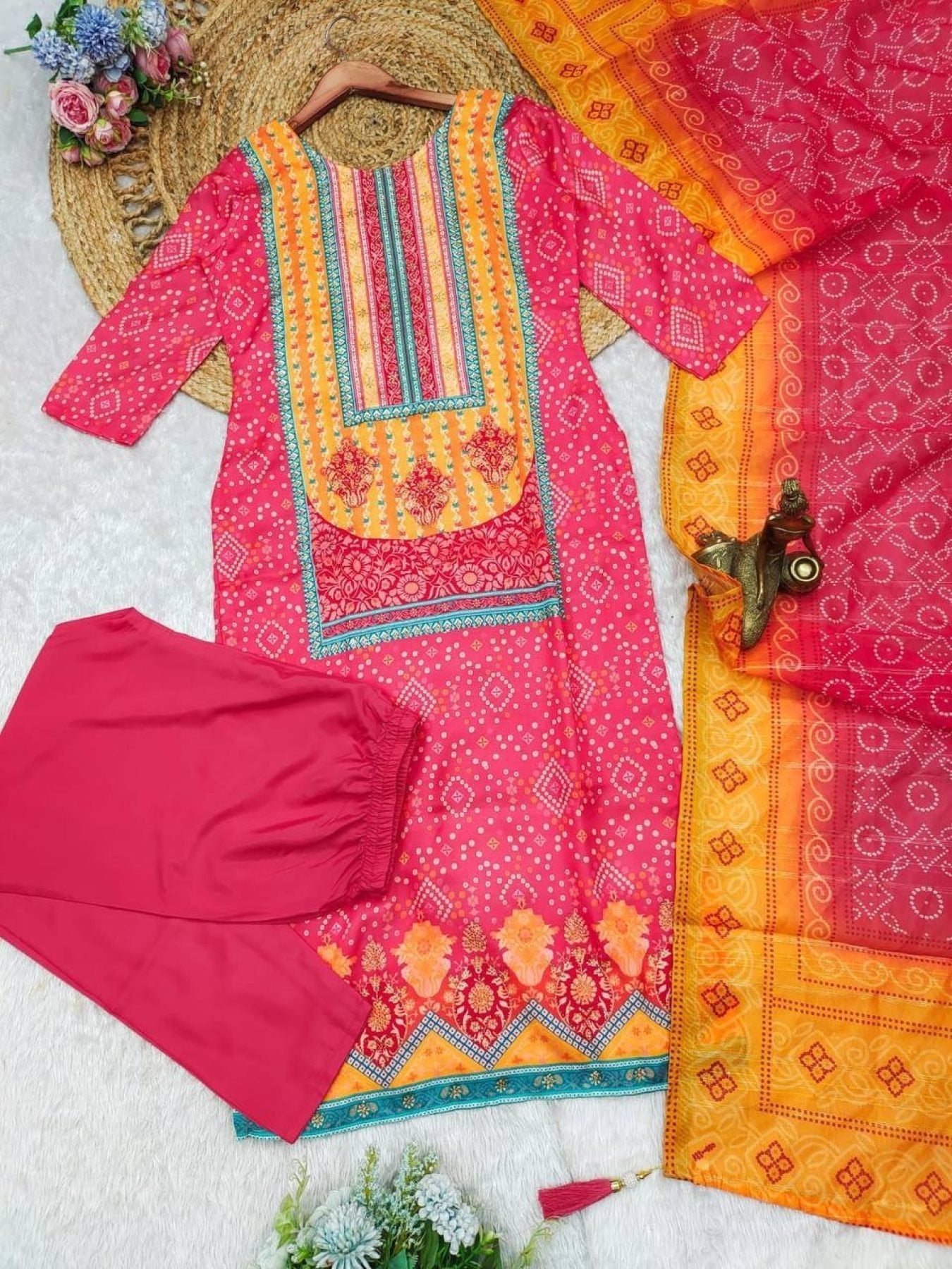 Multicoloured Bandhani print with Stone work and Dupatta Plus Size detailed view