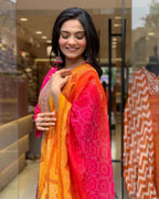 Multicoloured Bandhani print with Stone work and Dupatta Plus Size embroidery close-up