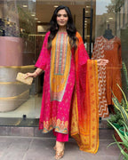 Multicoloured Bandhani print with Stone work and Dupatta Plus Size fabric texture detail