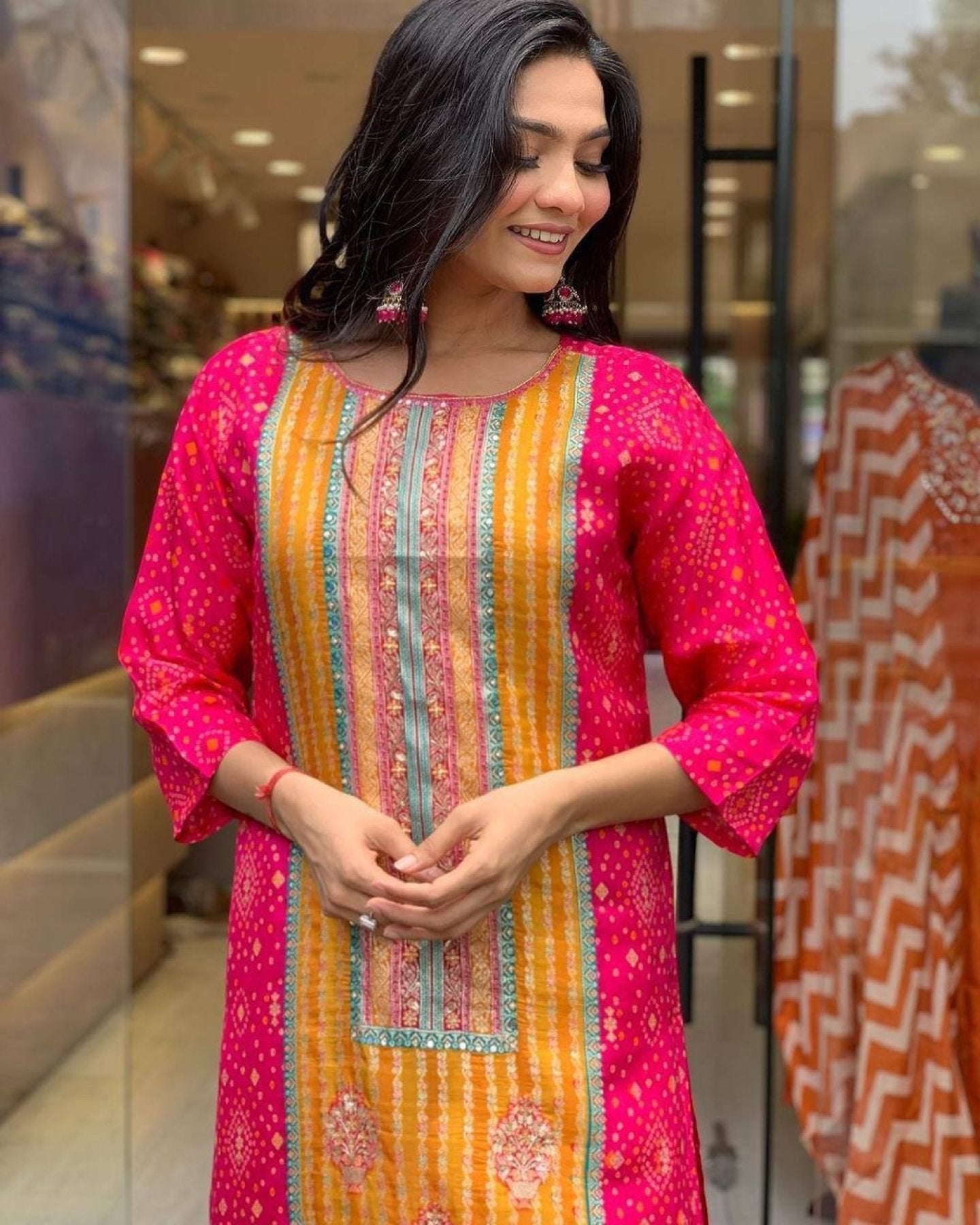 Multicoloured Bandhani print with Stone work and Dupatta Plus Size styling view