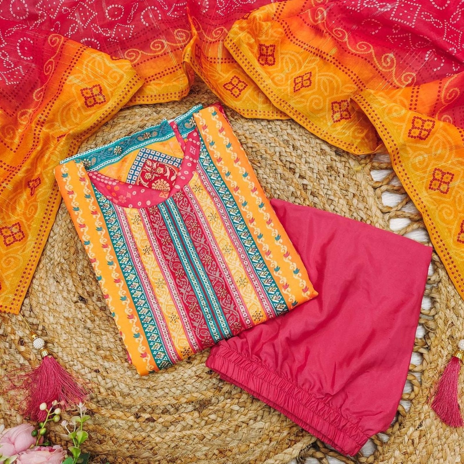 Multicoloured Bandhani print with Stone work and Dupatta Plus Size detailed view