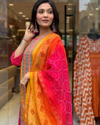 Multicoloured Bandhani print with Stone work and Dupatta Plus Size front view
