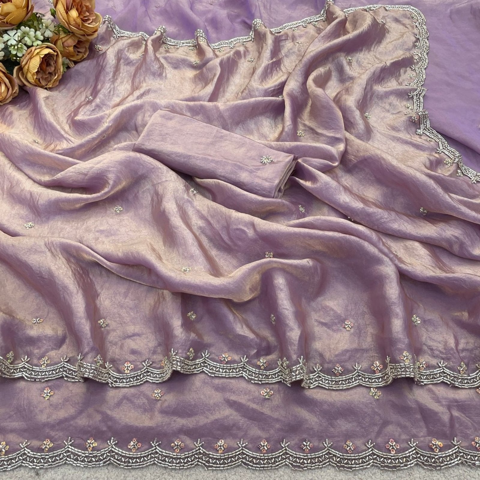 Lavender Satin Saree - drape and pallu detail