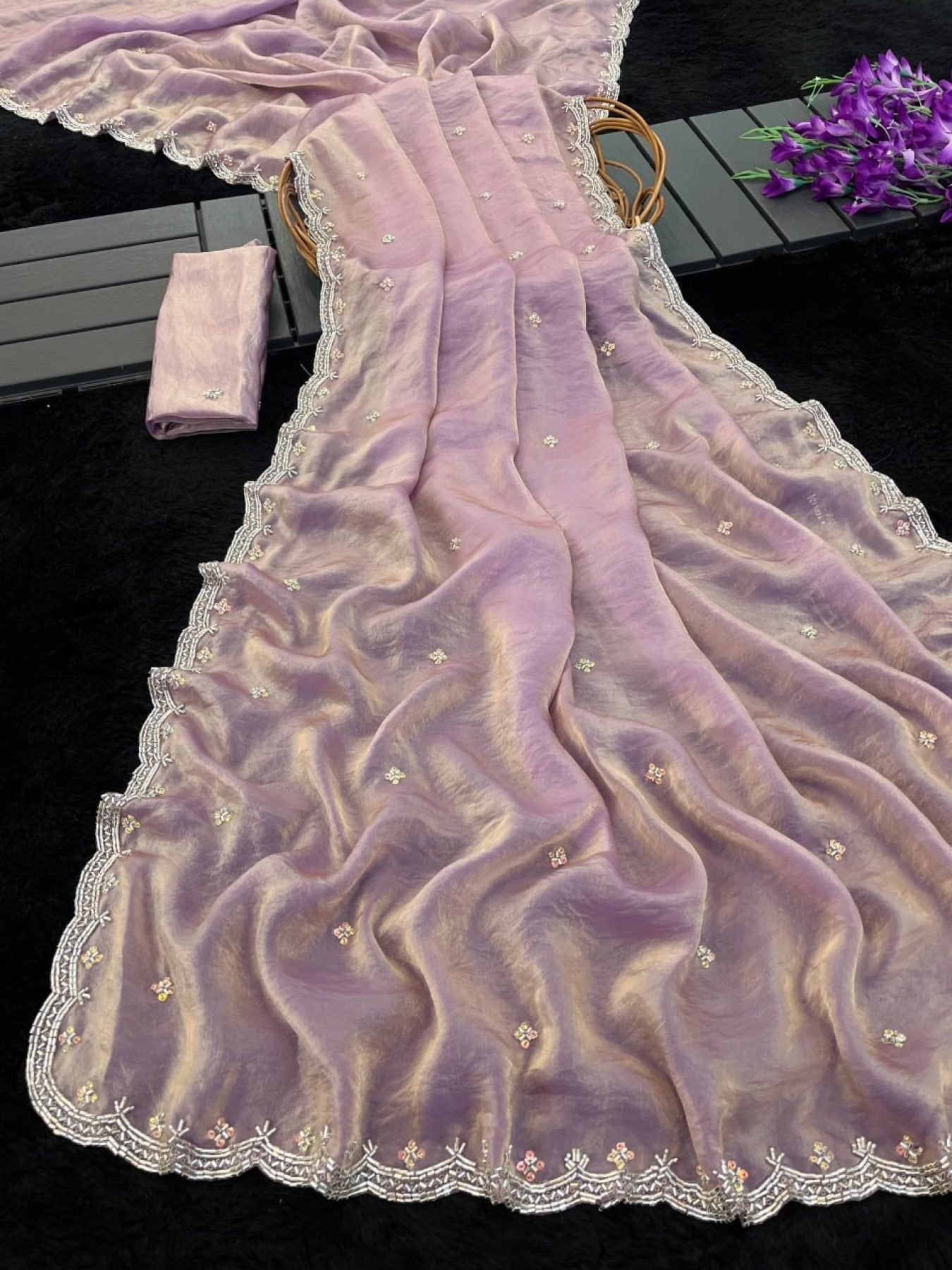 Lavender Satin Saree - side drape view