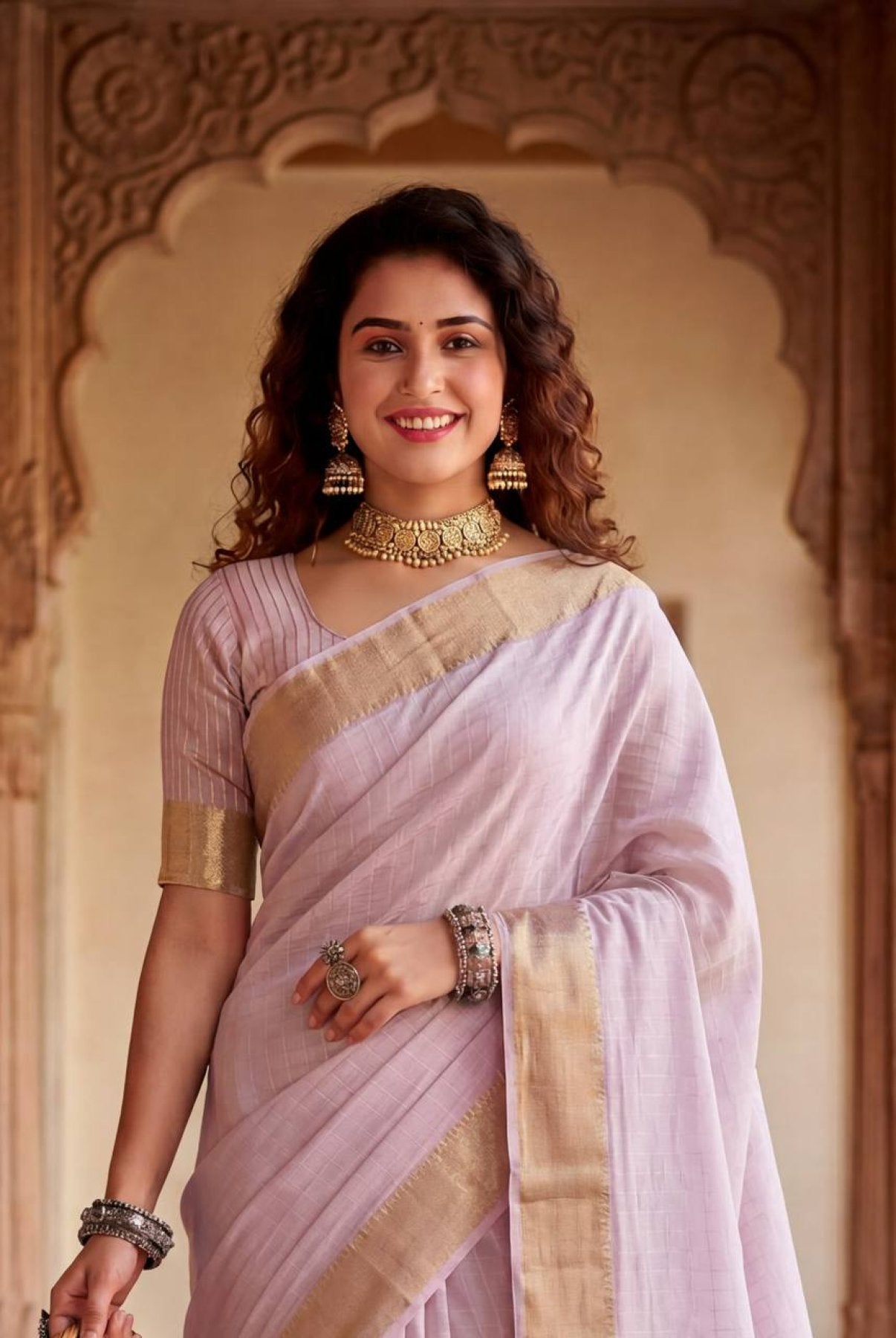 Lavender Cotton Saree - side drape view