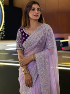 Lavender Organza Saree - blouse and border close-up