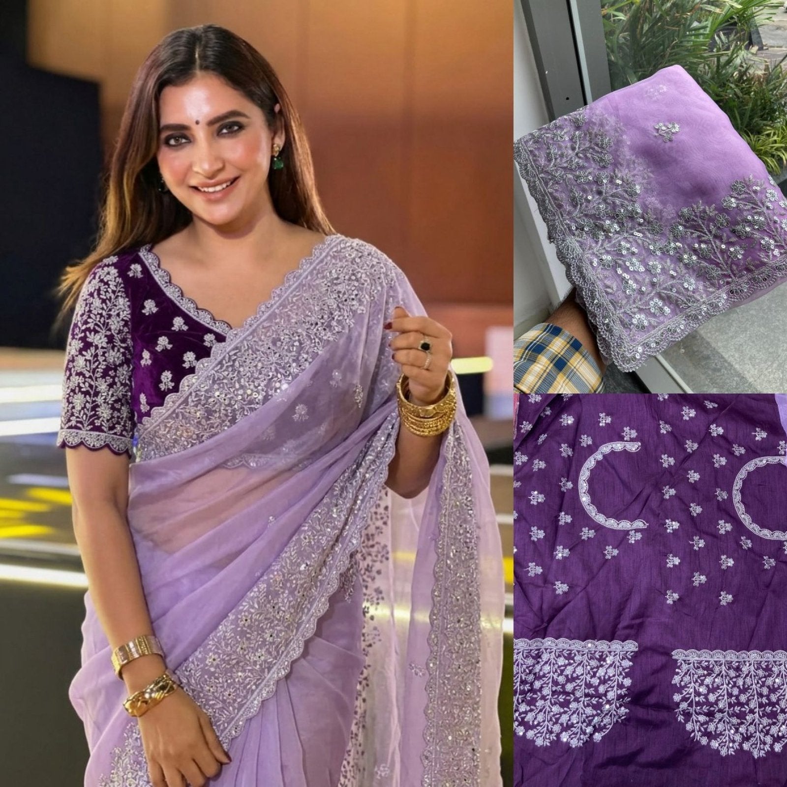 Lavender Organza Saree - Embroidery back view