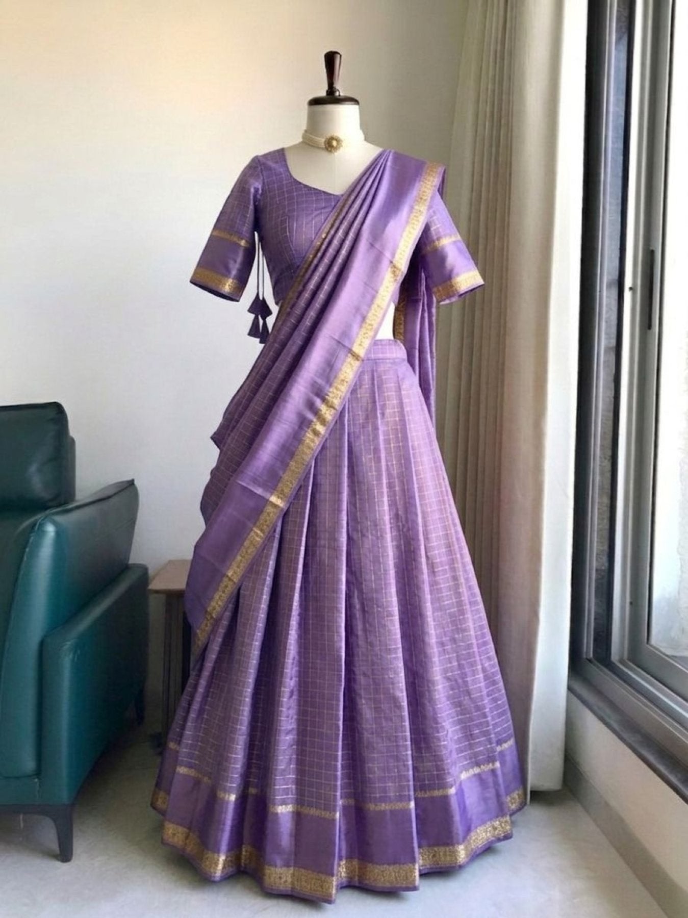 Mustard Yellow Viscose Georgette Lehenga Choli with Zari Weaving Work full drape view