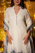 White Viscose Chanderi Printed Kurta Set fabric texture detail