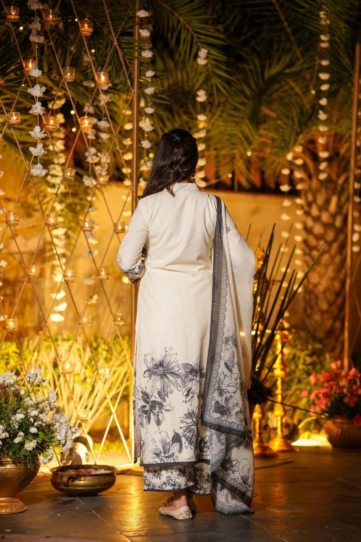 White Viscose Chanderi Printed Kurta Set detailed view