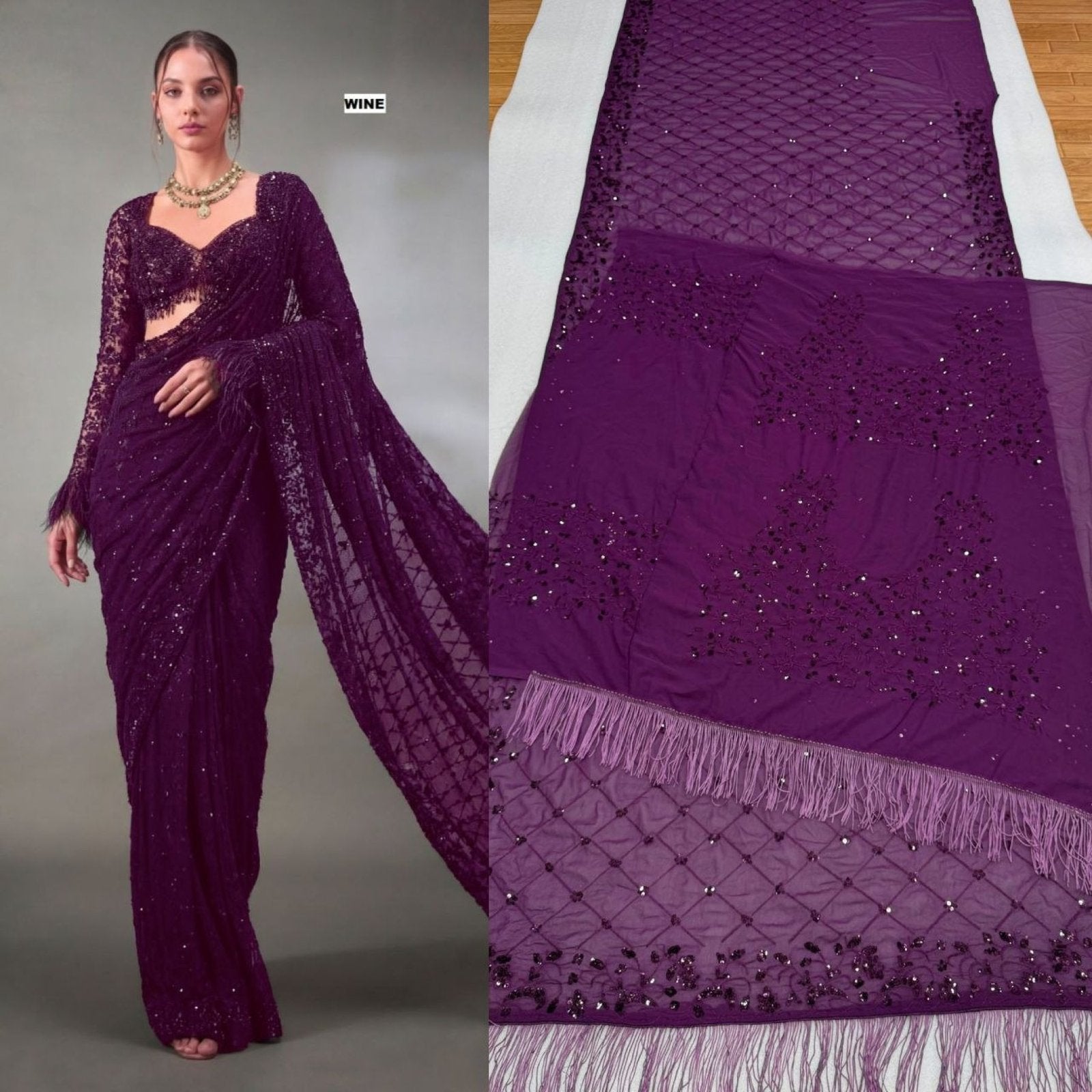 Wine Saree - blouse and border close-up