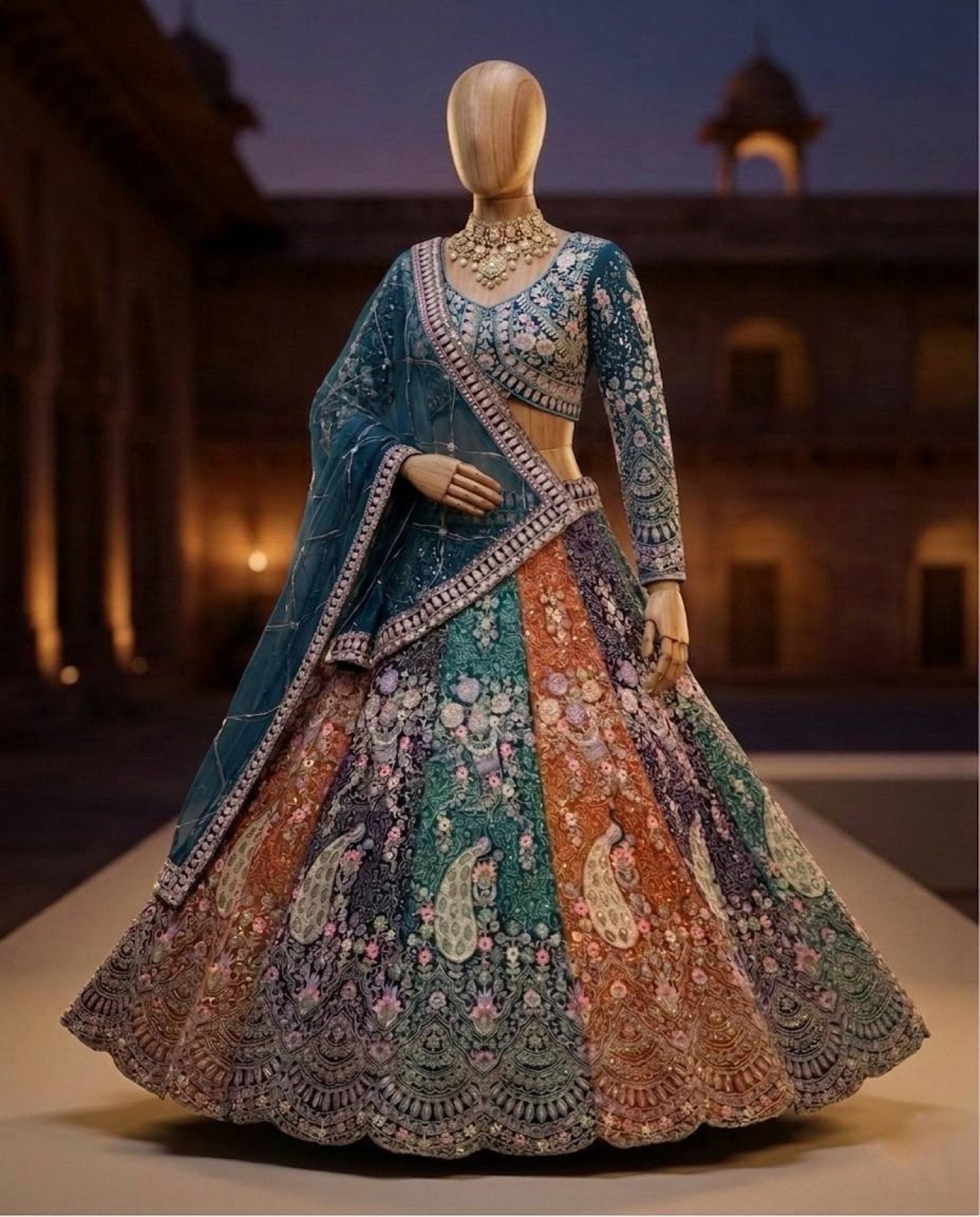 Soft Butterfly Net Lehenga Choli with Heavy Sequins Embroidery full drape view