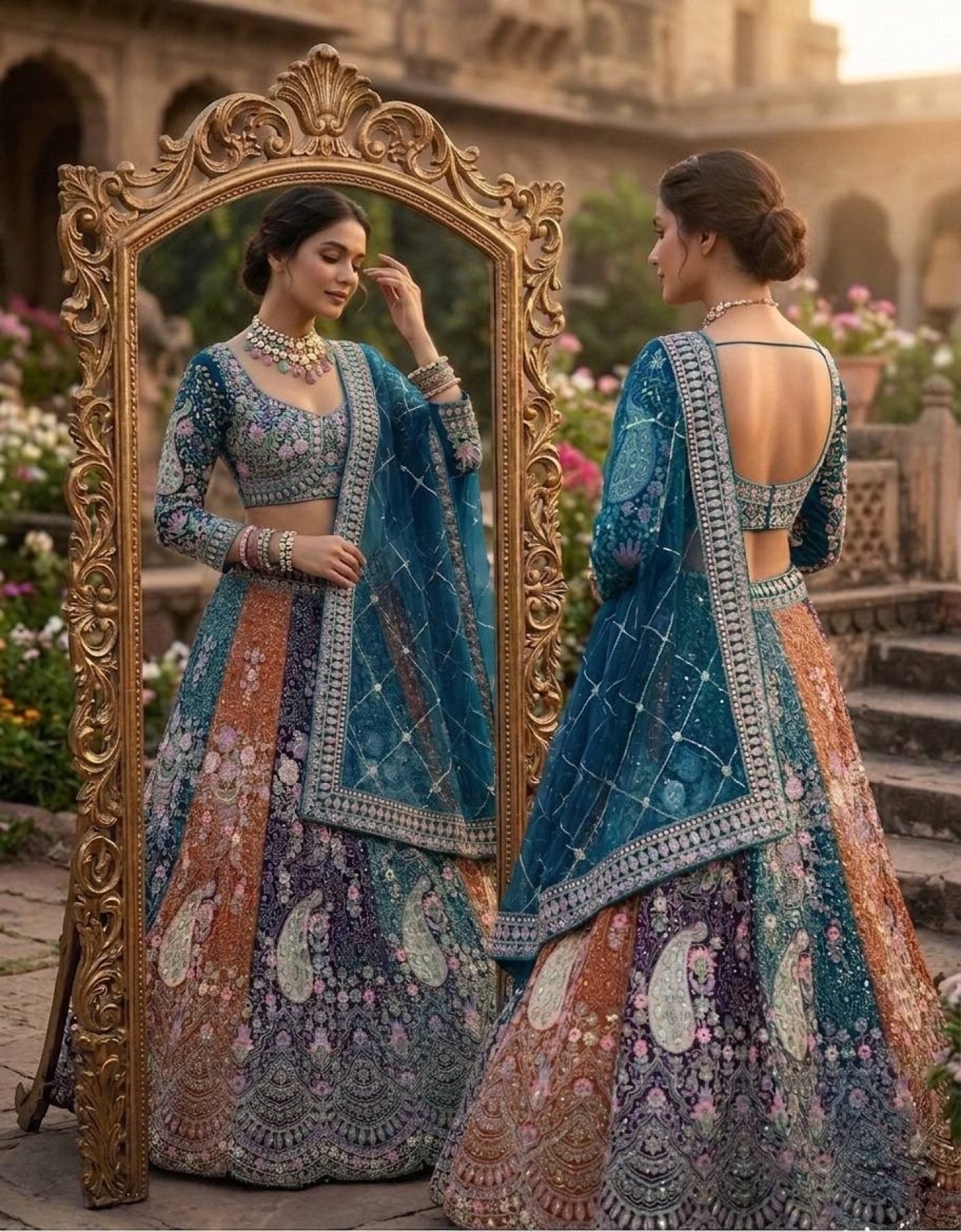 Soft Butterfly Net Lehenga Choli with Heavy Sequins Embroidery full drape view