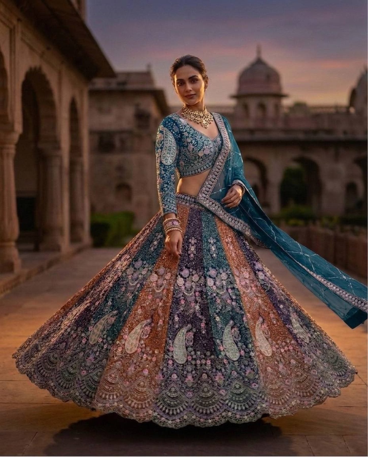 Soft Butterfly Net Lehenga Choli with Heavy Sequins Embroidery fabric texture detail