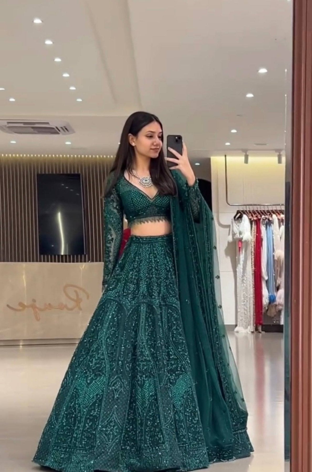 Green Legendary Net Lehenga Choli with Dori Sequins Work blouse and dupatta detail