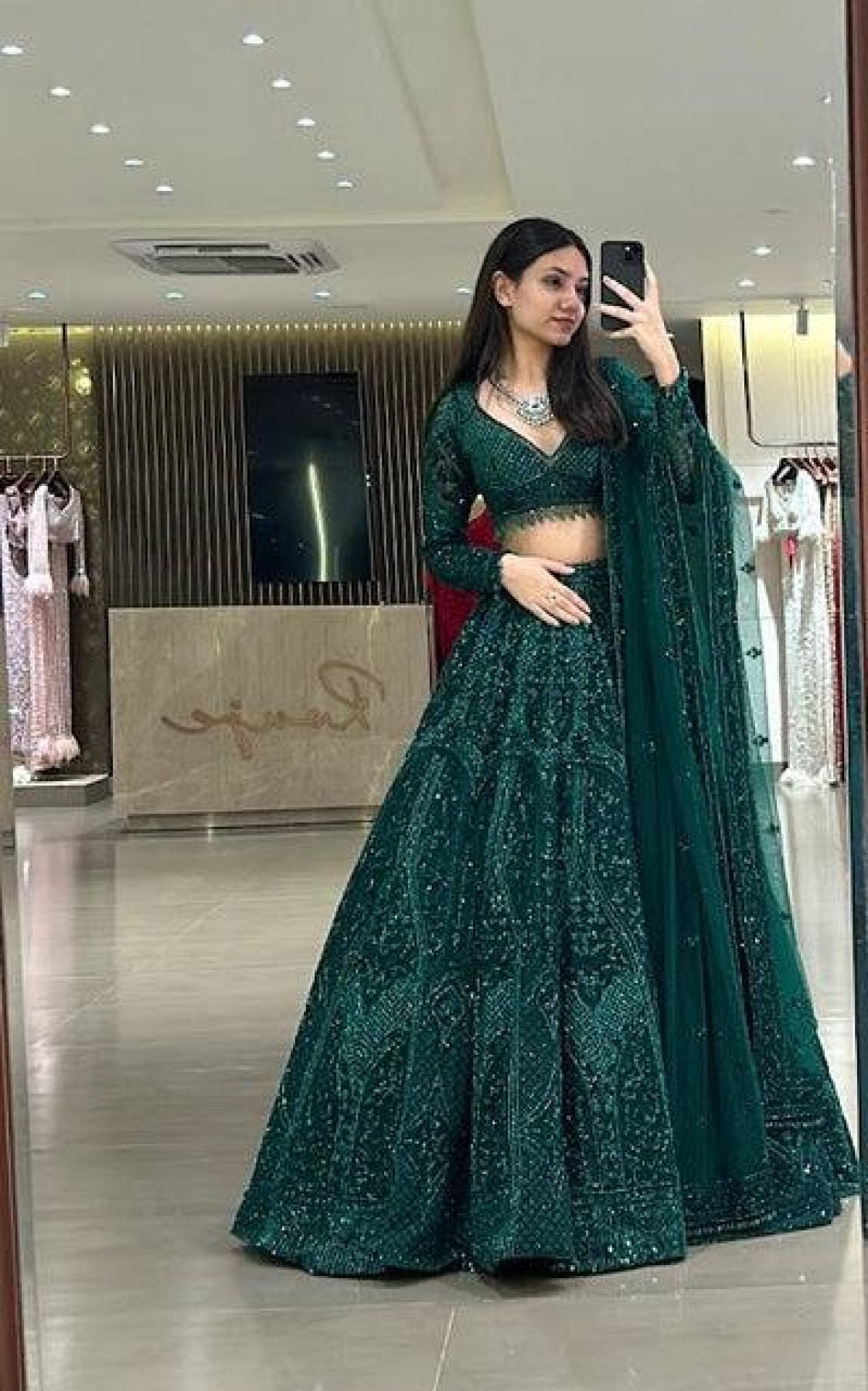 Green Legendary Net Lehenga Choli with Dori Sequins Work embroidery close-up