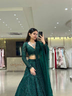 Green Legendary Net Lehenga Choli with Dori Sequins Work fabric texture detail