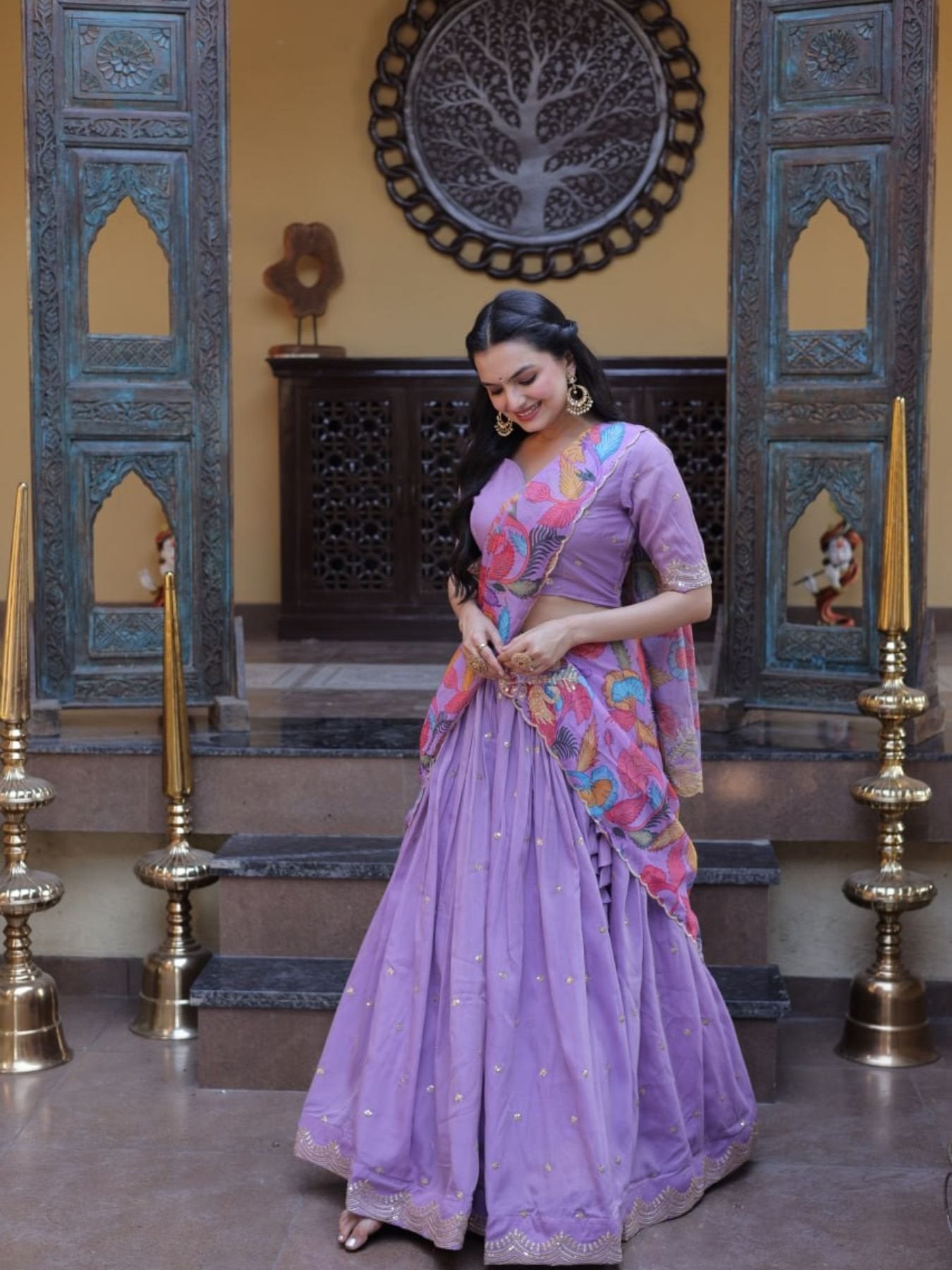 Cosmos Silk Lehenga Choli with Zari Sequins Work fabric texture detail