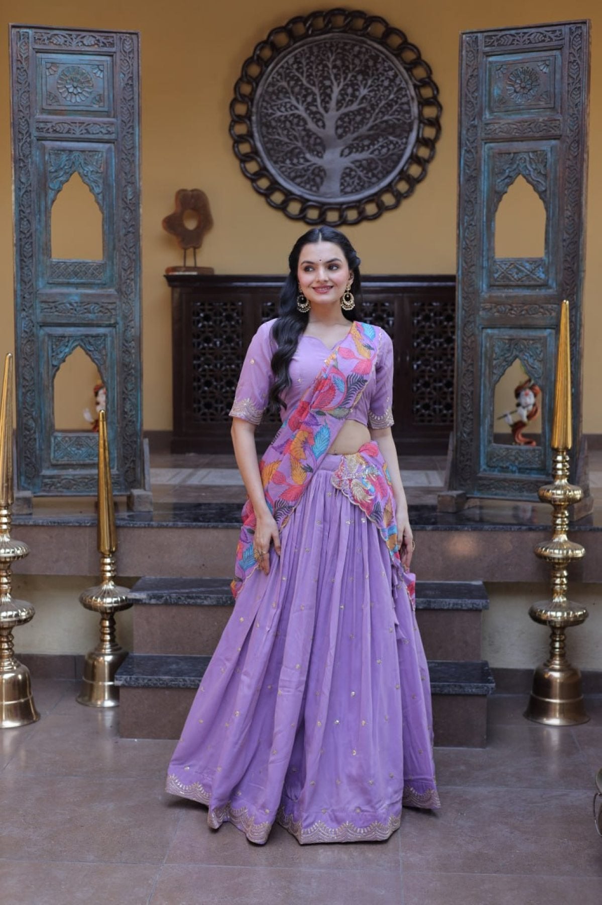 Cosmos Silk Lehenga Choli with Zari Sequins Work full drape view