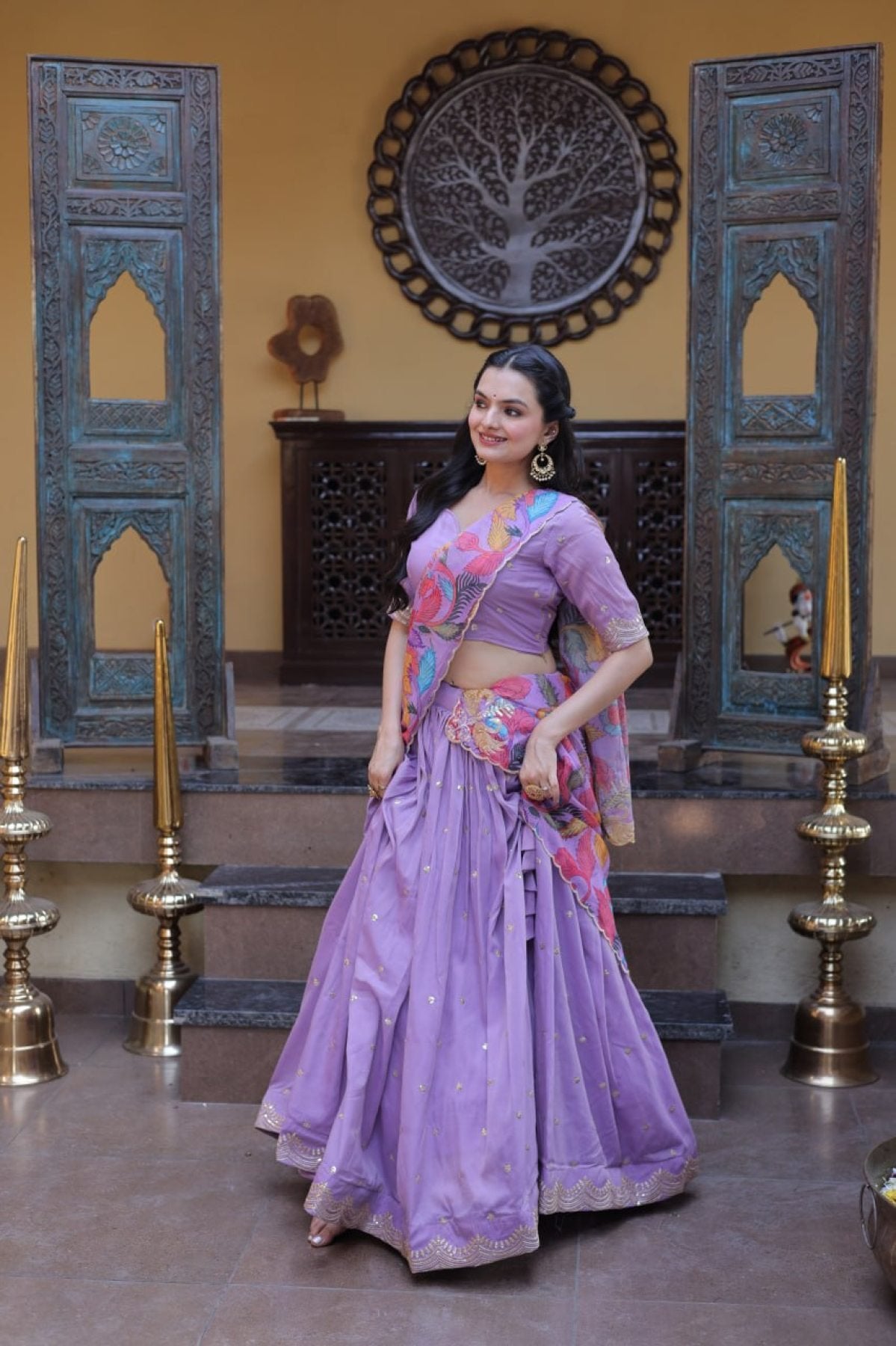 Cosmos Silk Lehenga Choli with Zari Sequins Work fabric texture detail