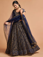 Navy Legendary Soft Net Bridal Lehenga with Sequins Embroidery Work blouse and dupatta detail