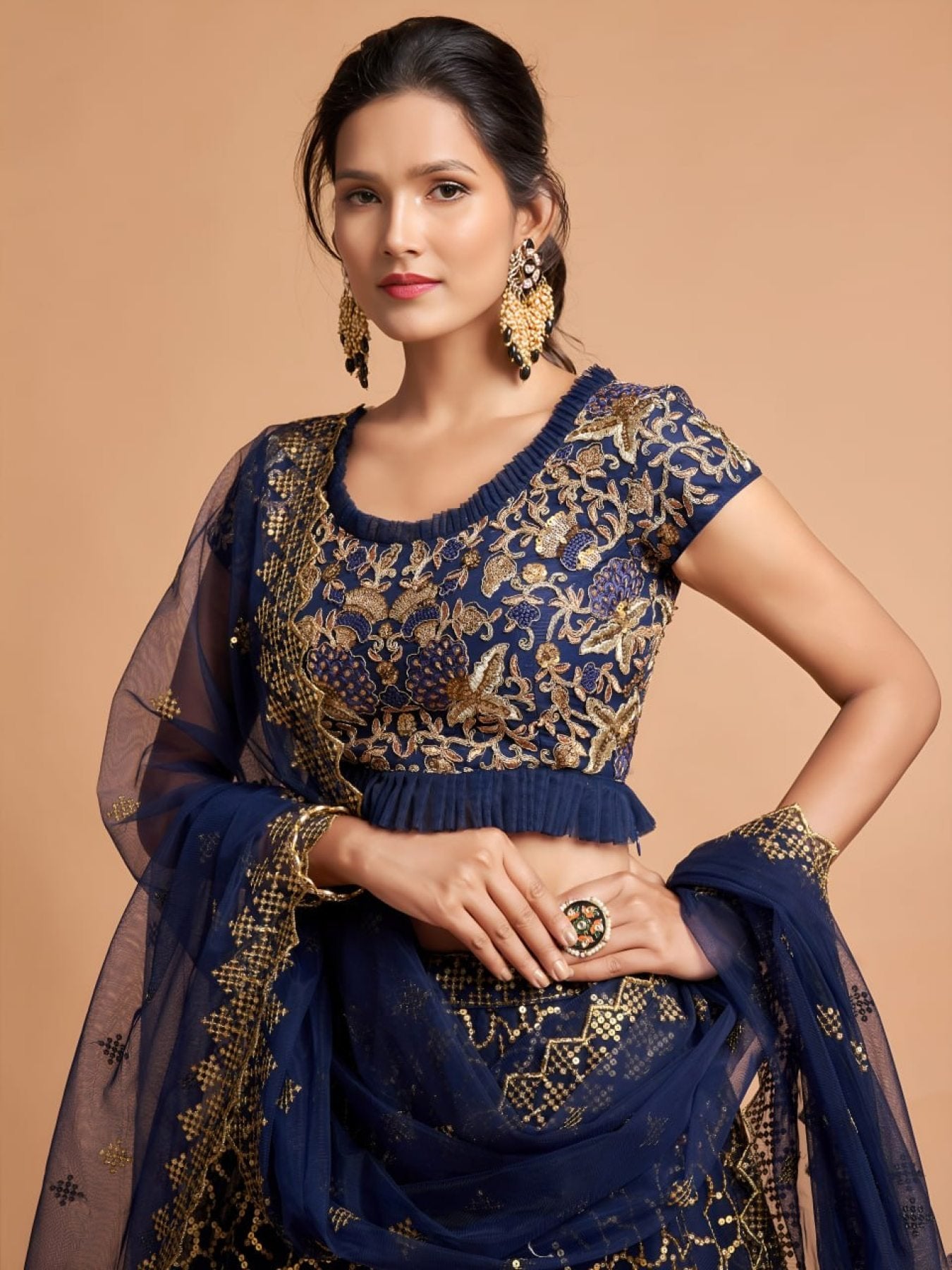 Navy Legendary Soft Net Bridal Lehenga with Sequins Embroidery Work detailed view