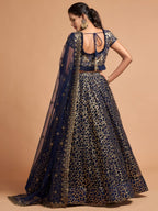 Navy Legendary Soft Net Bridal Lehenga with Sequins Embroidery Work fabric texture detail