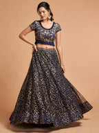 Navy Legendary Soft Net Bridal Lehenga with Sequins Embroidery Work back view