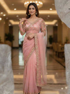 Pink Net Saree for women - full front view | Snyvia