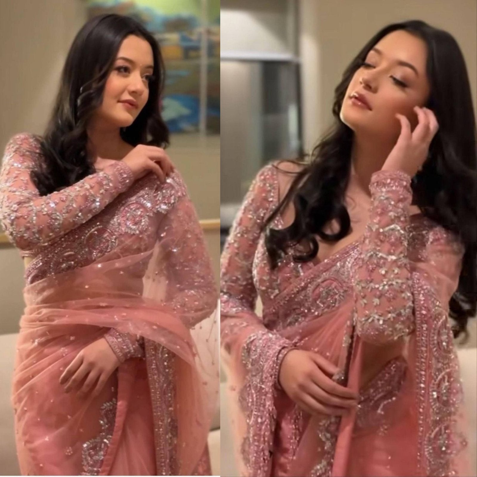 Pink Net Saree - drape and pallu detail
