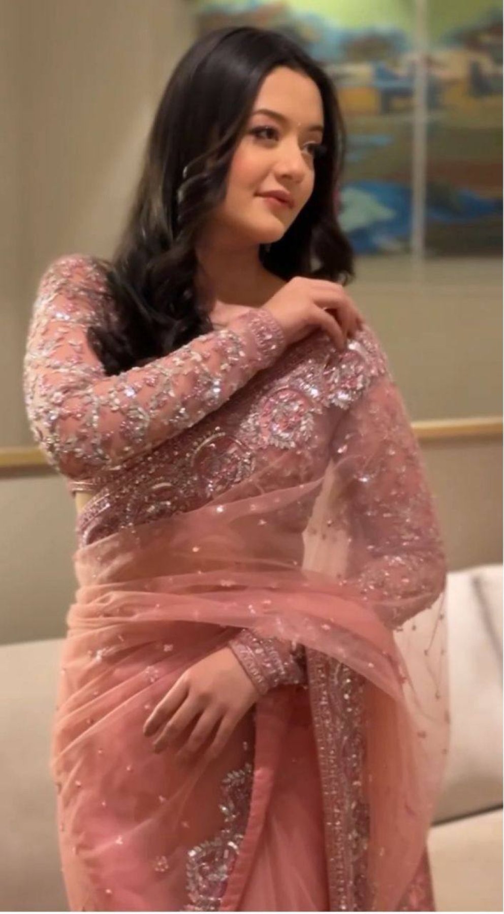 Pink Net Saree - side drape view