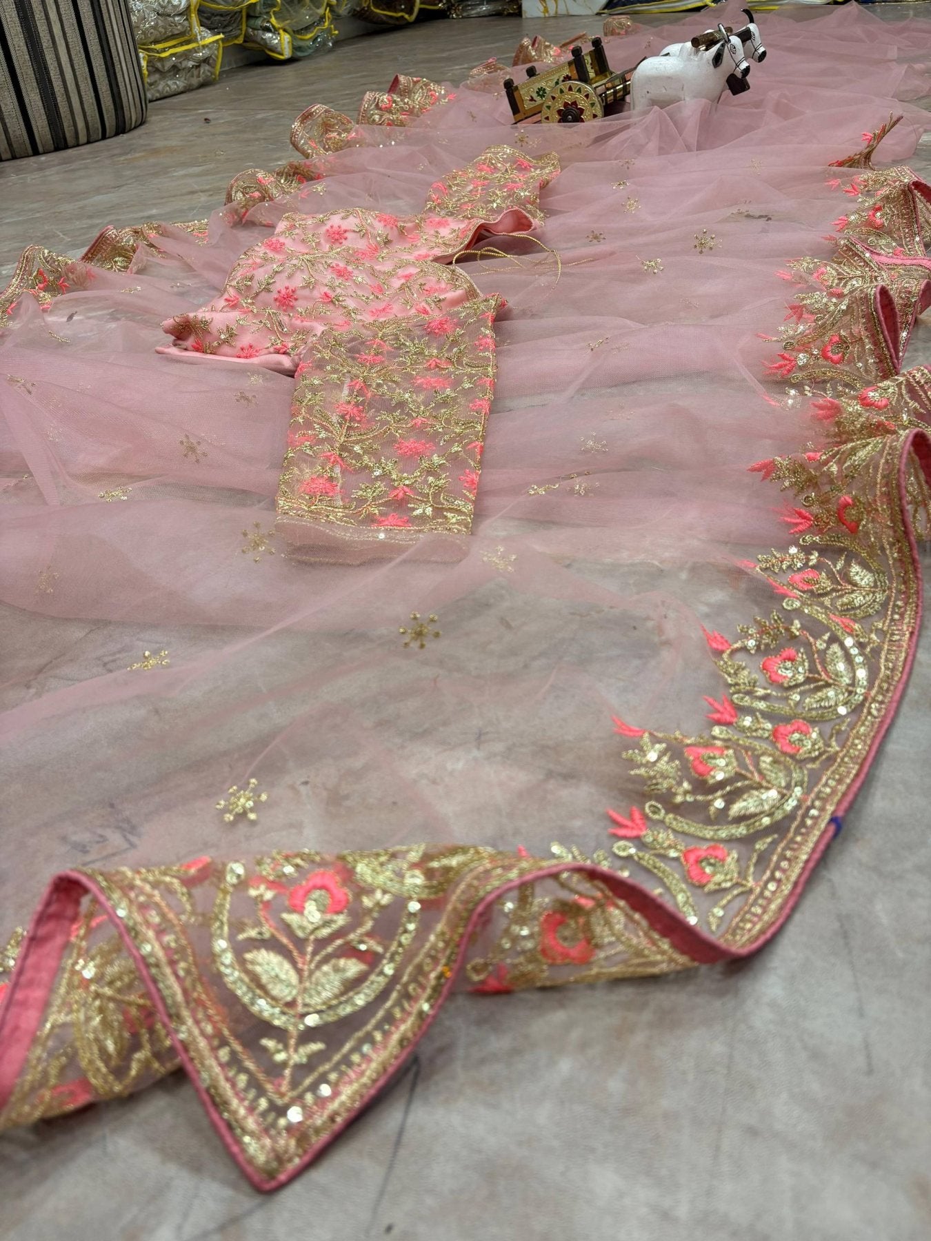 Pink Net Saree - Sequence embroidery work detail