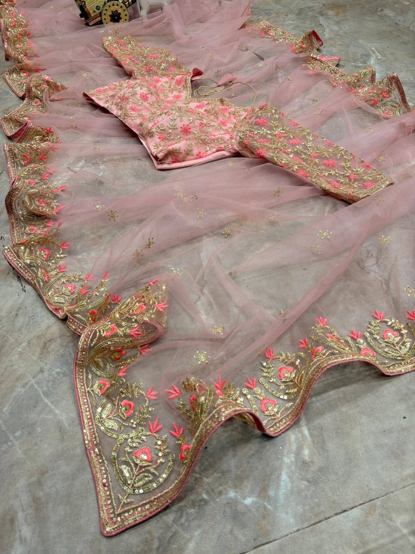 Pink Net Saree - Sequence pallu design detail