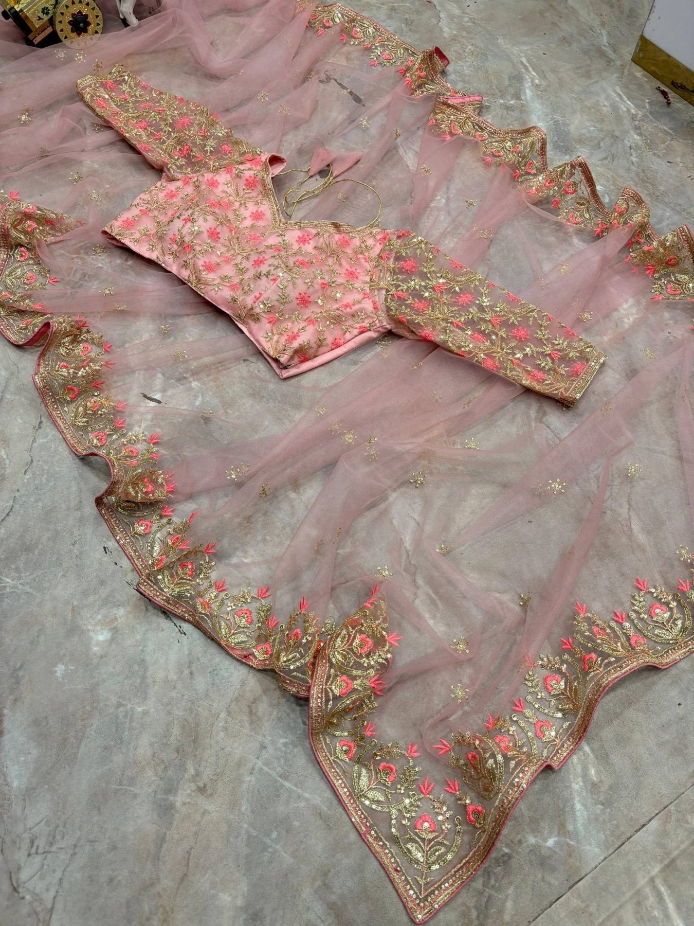 Pink Net Saree - Sequence back view