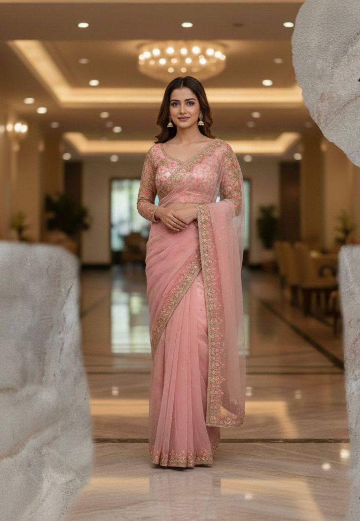 Pink Net Saree - styling and accessories view