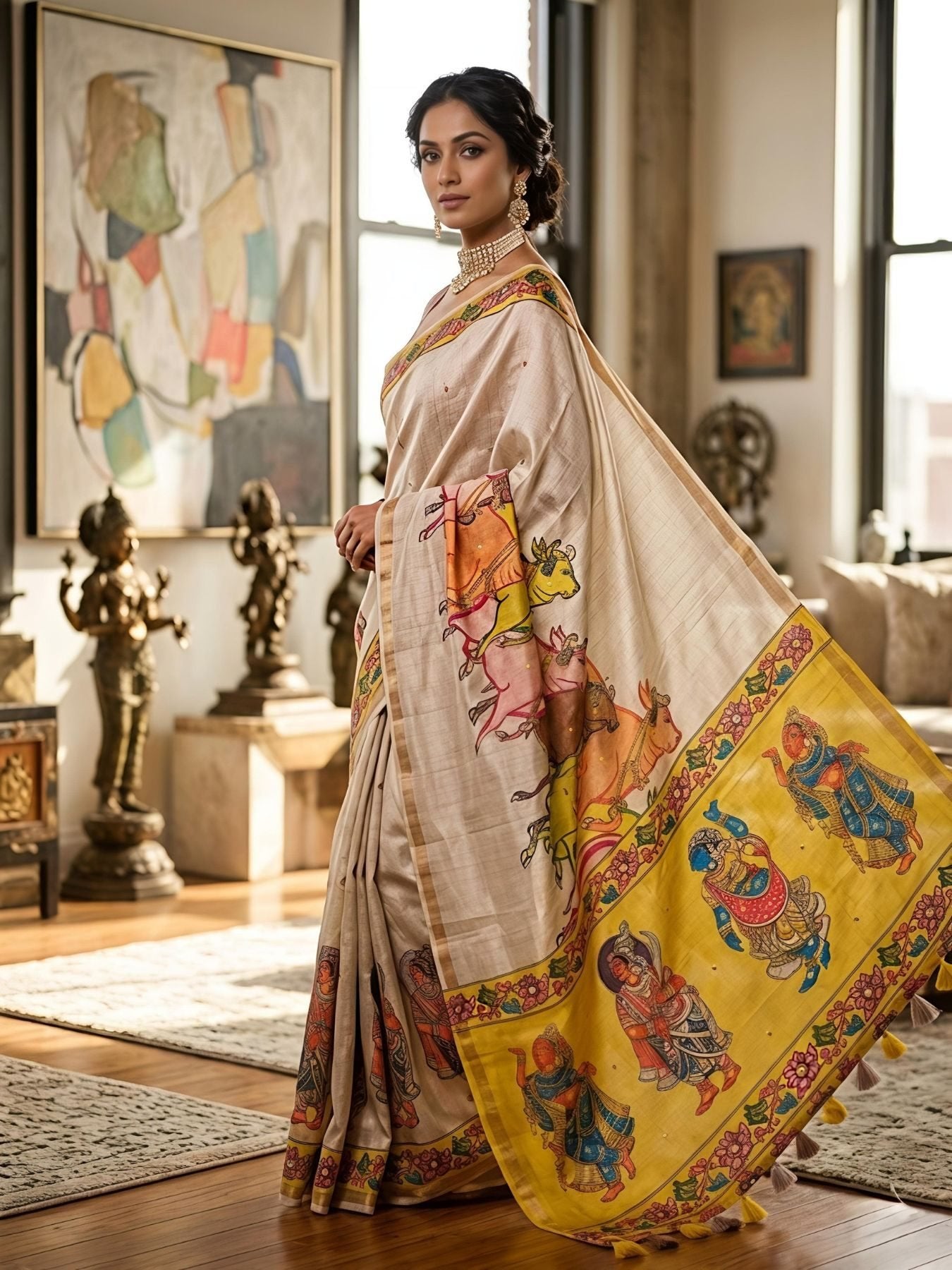 Cream Silk Saree for women - full front view | Snyvia