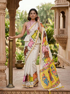 Cream Silk Saree - side drape view